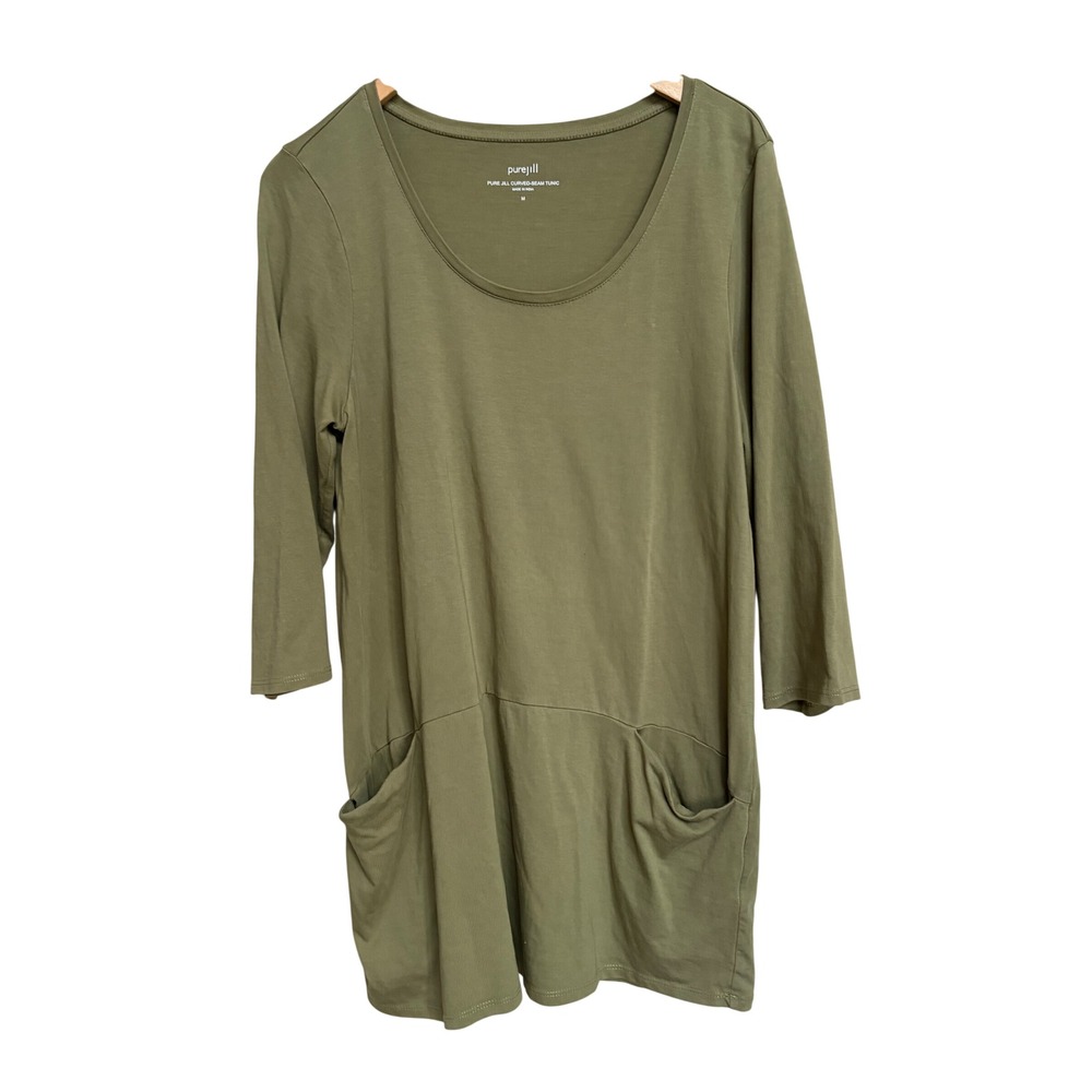 Pure Jill Curved-Seam Tunic Olive Green Pima Cotton Pocket Top Medium